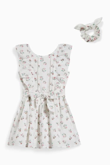 Dětské - Souprava - šaty a scrunchie gumička do vlasů - 2dílná - s květinovým vzorem - krémově bílá