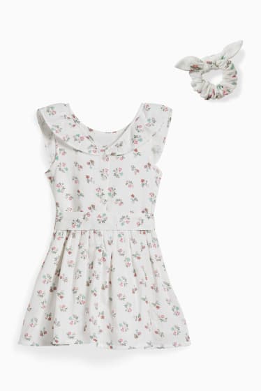 Kinderen - Set - jurk en scrunchie - 2-delig - gebloemd - crème wit