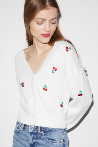 Dona - CLOCKHOUSE - jaqueta de punt crop - estampada - blanc