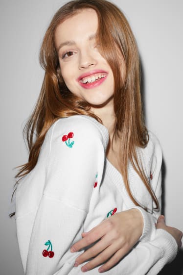 Dona - CLOCKHOUSE - jaqueta de punt crop - estampada - blanc