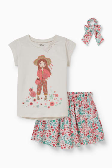 Dětské - Souprava - tričko s krátkým rukávem, sukně a scrunchie gumička do vlasů - 3dílná - krémově bílá