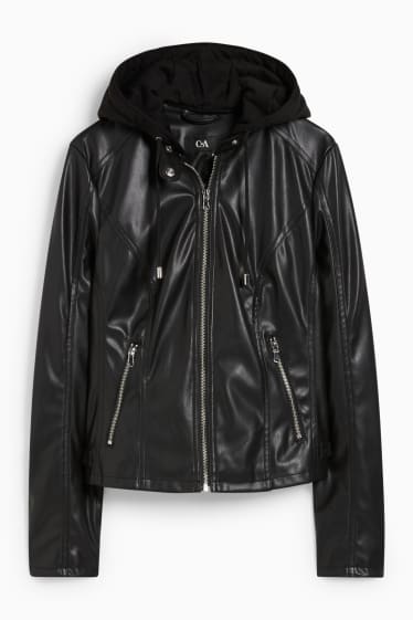 Women - Jacket with hood - faux leather - black