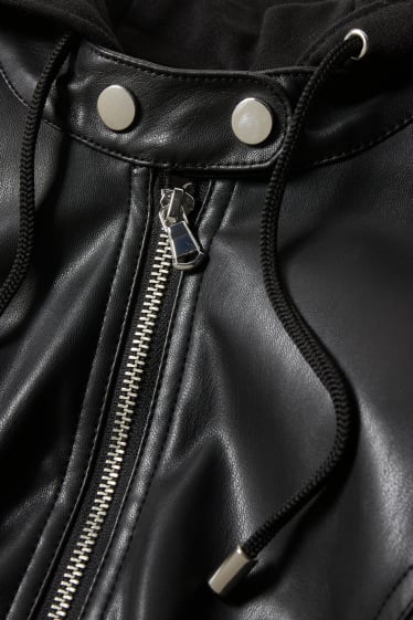 Damen - Jacke mit Kapuze - Lederimitat - schwarz