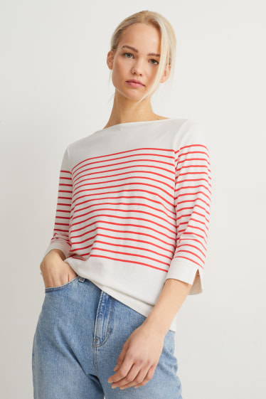 Damen - Langarmshirt - gestreift - weiss / rot