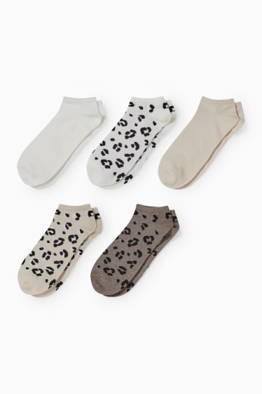 Mujer - Pack de 5 - calcetines tobilleros con dibujo - leopardo - blanco / beis