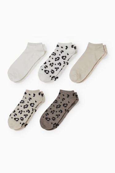 Damen - Multipack 5er - Sneakersocken mit Motiv - Leo - weiß / beige