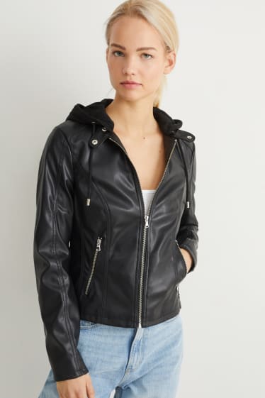 Damen - Jacke mit Kapuze - Lederimitat - schwarz