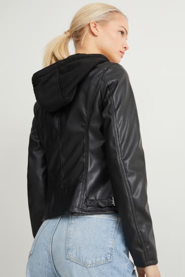 Women - Jacket with hood - faux leather - black
