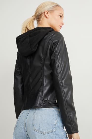 Damen - Jacke mit Kapuze - Lederimitat - schwarz