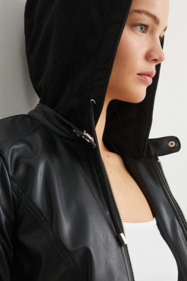 Damen - Jacke mit Kapuze - Lederimitat - schwarz