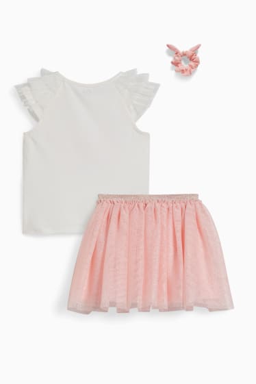 Children - Set - short sleeve T-shirt, skirt and scrunchie - 3 piece - white / rose