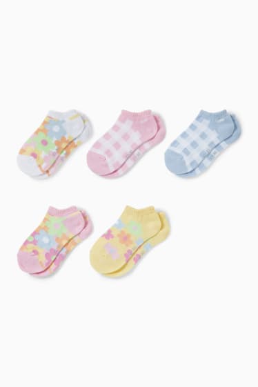 Children - Multipack of 5 - floral and check - trainer socks with motif - rose
