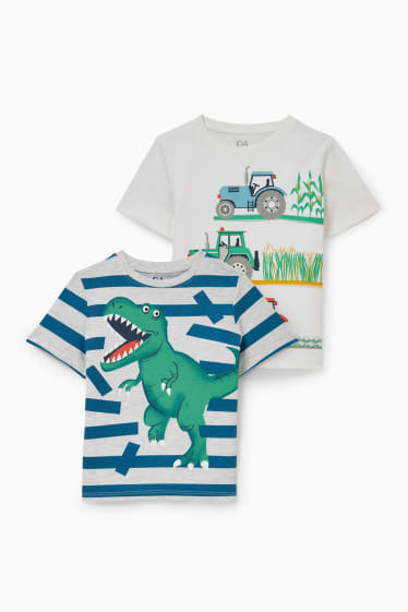 Enfants garçons - Lot de 2 - T-shirts tracteurs et dinosaure - blanc
