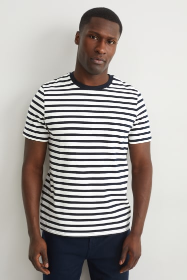 Men - T-shirt  - striped - dark blue / white