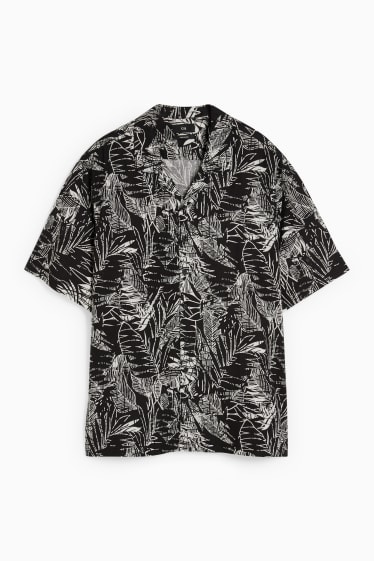 Men - Shirt - regular fit - lapel collar - linen blend - black