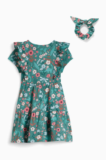 Kinder - Set - Kleid und Scrunchie - 2 teilig - geblümt - grün