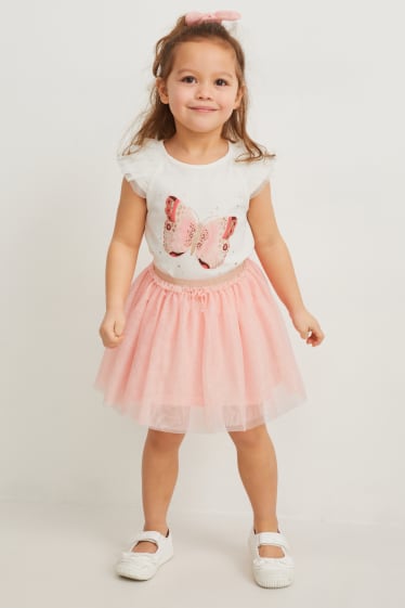 Children - Set - short sleeve T-shirt, skirt and scrunchie - 3 piece - white / rose