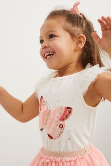 Niños - Set - camiseta de manga corta, falda y coletero - 3 piezas - blanco / rosa