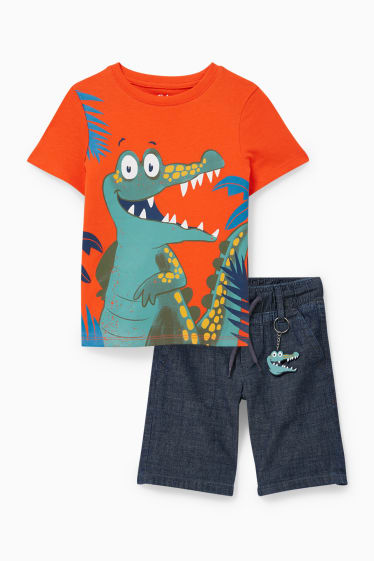 Copii - Băieți - Set - tricou cu mânecă scurtă, pantaloni scurți și breloc - 3 piese - portocaliu