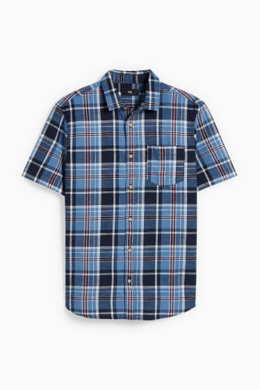 Heren - Overhemd - regular fit - kent - geruit - donkerblauw