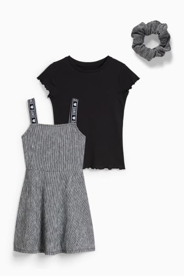 Copii - Set - tricou cu mânecă scurtă, rochie și elastic de păr - 3 piese - negru