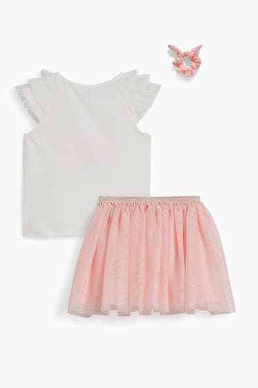 Enfants - Ensemble - T-shirt, jupe et chouchou - 3 pièces - blanc / rose