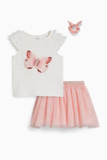 Children - Set - short sleeve T-shirt, skirt and scrunchie - 3 piece - white / rose