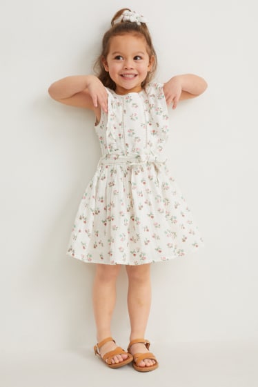 Kinder - Set - Kleid und Scrunchie - 2 teilig - geblümt - cremeweiss