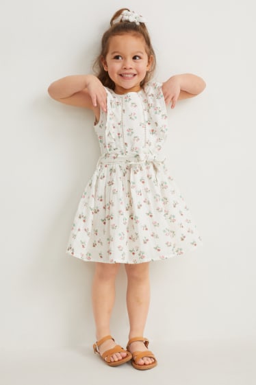 Kinder - Set - Kleid und Scrunchie - 2 teilig - geblümt - cremeweiß