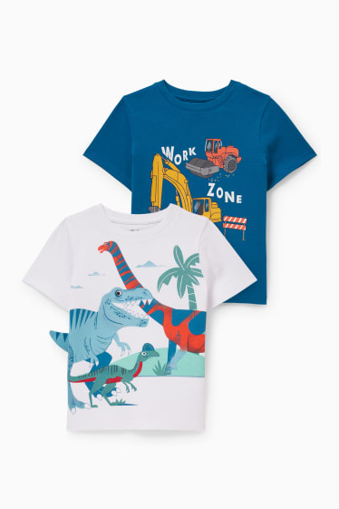 Enfants garçons - Lot de 2 - dinosaures et tractopelles - T-shirts - bleu / blanc