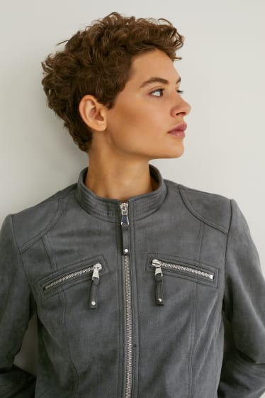 Femmes - Blouson motard - similisuède - gris foncé