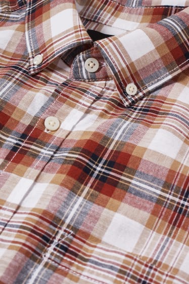 Pánské - Košile - regular fit - button-down - kostkovaná - tmavě oranžová