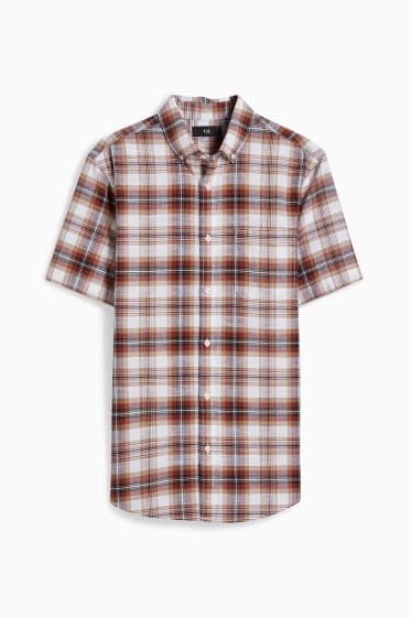 Pánské - Košile - regular fit - button-down - kostkovaná - tmavě oranžová