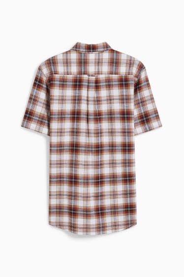 Pánské - Košile - regular fit - button-down - kostkovaná - tmavě oranžová