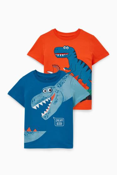 Niños - Pack de 2 - dinosaurios - camisetas de manga corta - naranja / azul