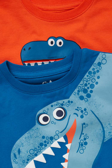 Niños - Pack de 2 - dinosaurios - camisetas de manga corta - naranja / azul