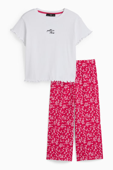Children - Extended sizes - set - short sleeve T-shirt and trousers - 2 piece - white / pink