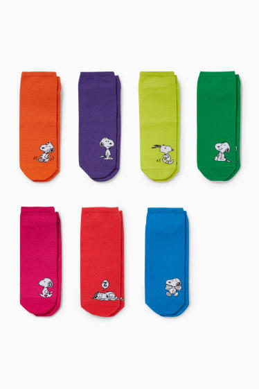 Dames - Set van 7 paar - sneakersokken met motief - Snoopy - fuchsiarood