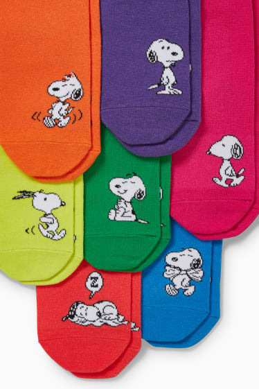 Dames - Set van 7 paar - sneakersokken met motief - Snoopy - fuchsiarood