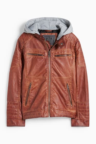 Kinder Buben - Bikerjacke mit Kapuze - Lederimitat - braun