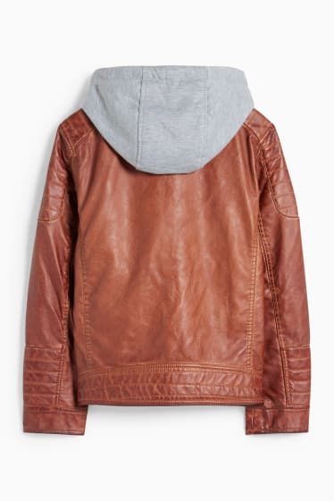 Kinder Buben - Bikerjacke mit Kapuze - Lederimitat - braun