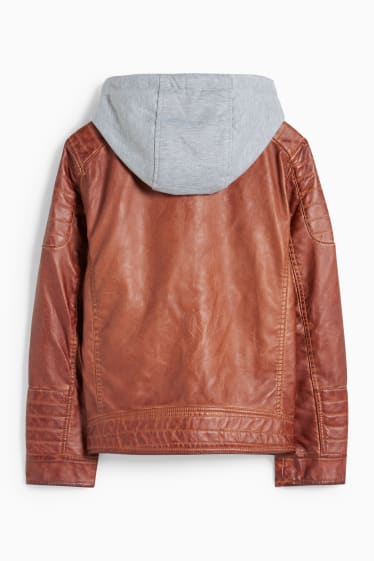 Children - Biker jacket with hood - faux leather - brown