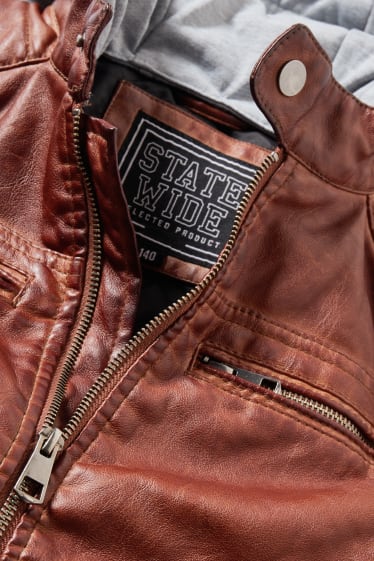 Kinder Buben - Bikerjacke mit Kapuze - Lederimitat - braun