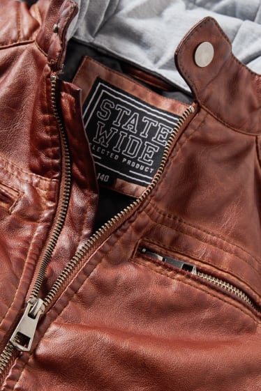 Children - Biker jacket with hood - faux leather - brown