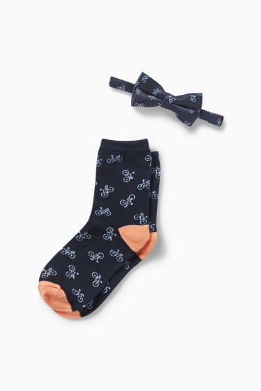 Niños - Set - pajarita y calcetines - 2 piezas - con estampado - azul oscuro