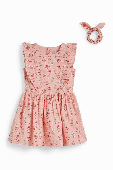 Enfants filles - Ensemble - robe et chouchou - 2 pièces - à fleurs - rose