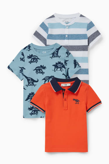 Kinder - Multipack 3er - Dino - Poloshirt und 2 Kurzarmshirts - blau