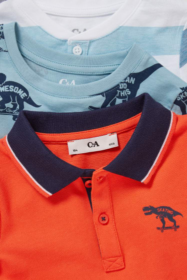 Kinderen - Set van 3 - dino - poloshirt en 2 T-shirts - blauw