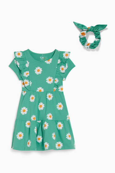 Dzieci - Komplet - sukienka i gumka do włosów - 2 części - w kwiatki - zielony