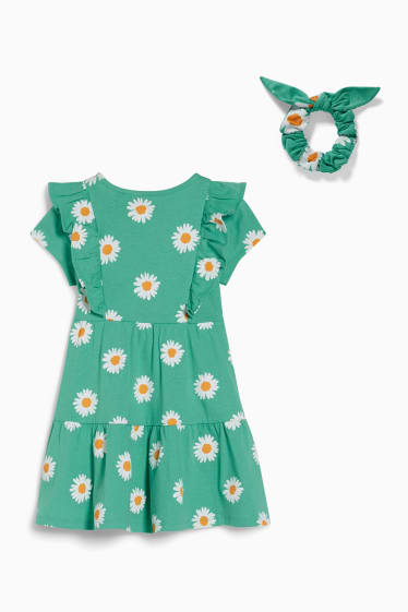 Dětské - Souprava - šaty a scrunchie gumička do vlasů - 2dílná - s květinovým vzorem - zelená